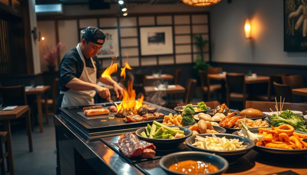A cozy teppanyaki restaurant with wooden tables and chairs, the aroma of sizzling meats and vegetables filling the air. In the foreground, a chef meticulously prepares a meal on a flat-top grill, the flames dancing and casting a warm glow. The middle ground showcases an array of affordable, yet delicious teppanyaki ingredients, including succulent beef, fresh seafood, and crisp vegetables. In the background, a minimalist Japanese-inspired decor, with clean lines and subtle accents, creates a relaxed and inviting atmosphere. The lighting is soft and ambient, casting a mellow mood over the scene. The overall impression is of a budget-friendly, yet high-quality teppanyaki experience. A cozy teppanyaki restaurant with wooden tables and chairs, the aroma of sizzling meats and vegetables filling the air. In the foreground, a chef meticulously prepares a meal on a flat-top grill, the flames dancing and casting a warm glow. The middle ground showcases an array of affordable, yet delicious teppanyaki ingredients, including succulent beef, fresh seafood, and crisp vegetables. In the background, a minimalist Japanese-inspired decor, with clean lines and subtle accents, creates a relaxed and inviting atmosphere. The lighting is soft and ambient, casting a mellow mood over the scene. The overall impression is of a budget-friendly, yet high-quality teppanyaki experience.