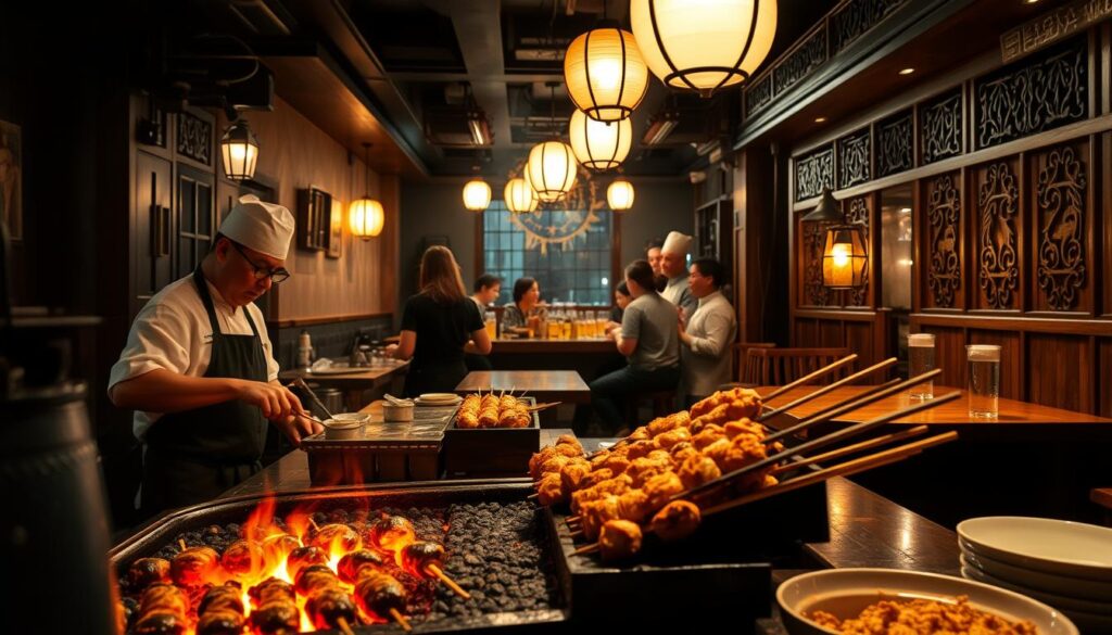 A cozy, traditional Japanese yakitori restaurant nestled in the heart of Singapore's bustling streets. In the foreground, a warm, inviting glow emanates from the charcoal grill, where skilled chefs deftly skewer and grill an array of succulent chicken morsels. The middle ground features a wooden counter, where patrons sit and sip on cold beers, chatting animatedly with friends. The background showcases the restaurant's authentic decor, with paper lanterns, intricate wood carvings, and a calming ambiance that transports you to the heart of Tokyo. The lighting is soft and atmospheric, casting a gentle spotlight on the culinary artistry unfolding before your eyes. This is a scene of refined Japanese cuisine, where the aroma of grilled chicken and the hum of lively conversation create an unforgettable dining experience.