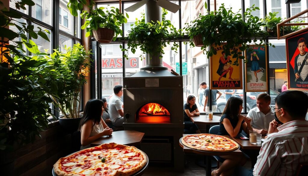 A cozy trattoria in the heart of Singapore, its windows adorned with lush greenery. The sun-drenched interior is filled with the aroma of freshly baked Neapolitan pizza, its thin, charred crust and bubbling mozzarella beckoning. At the center, a wooden-fired oven roars, its flames licking the dough. Patrons gathered around small, intimate tables, conversing in a lively, familial atmosphere. The walls display vintage Italian posters, transporting the senses to the sun-drenched piazzas of Naples. Through the window, a bustling Singapore street scene frames the scene, creating a captivating fusion of cultures.