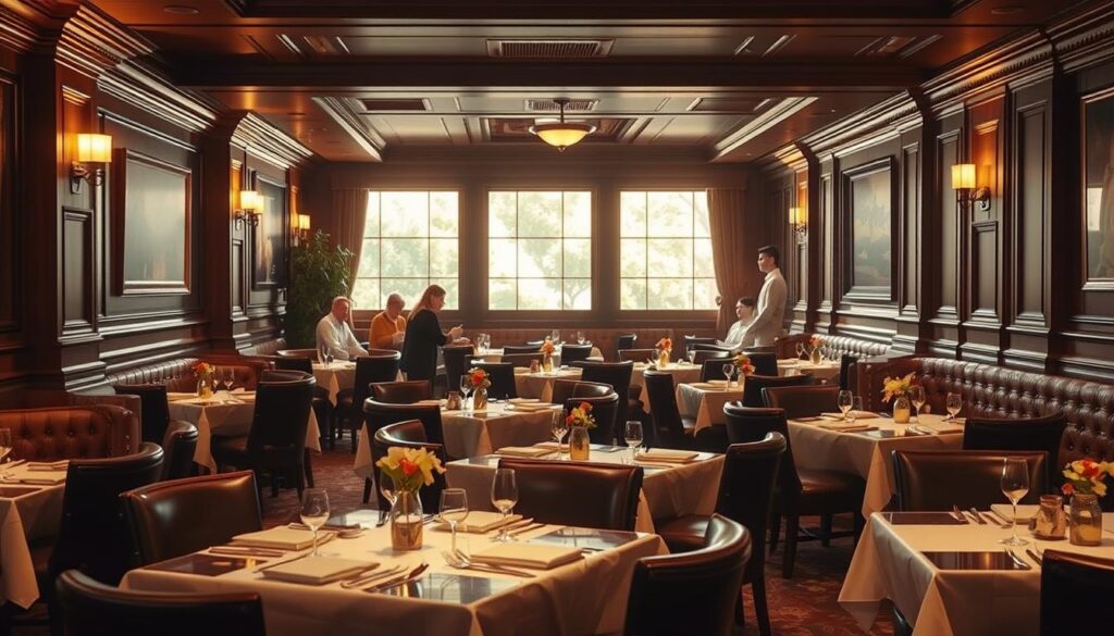 A cozy, upscale steakhouse interior with warm, ambient lighting and a sophisticated atmosphere. A spacious dining room with elegant wooden tables and plush leather chairs, adorned with crisp white tablecloths and delicate floral centerpieces. Soft, golden light filters through large windows, casting a gentle glow on the diners. Walls are lined with rich, dark wood paneling and ornate artwork, creating a sense of timeless elegance. Gentle background music sets the mood, complementing the overall refined and inviting ambiance, perfect for an unforgettable dining experience.