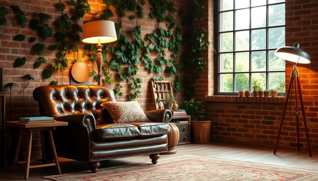 A cozy vintage living room with a refurbished tufted leather armchair, a rustic wooden side table, and a mid-century modern floor lamp casting warm ambient light. In the background, a brick wall with ivy creeping up, and a large window overlooking a lush green garden. The space exudes a sense of timeless charm and character, inviting one to sink into the plush cushions and appreciate the beauty of well-crafted, repurposed furnishings.