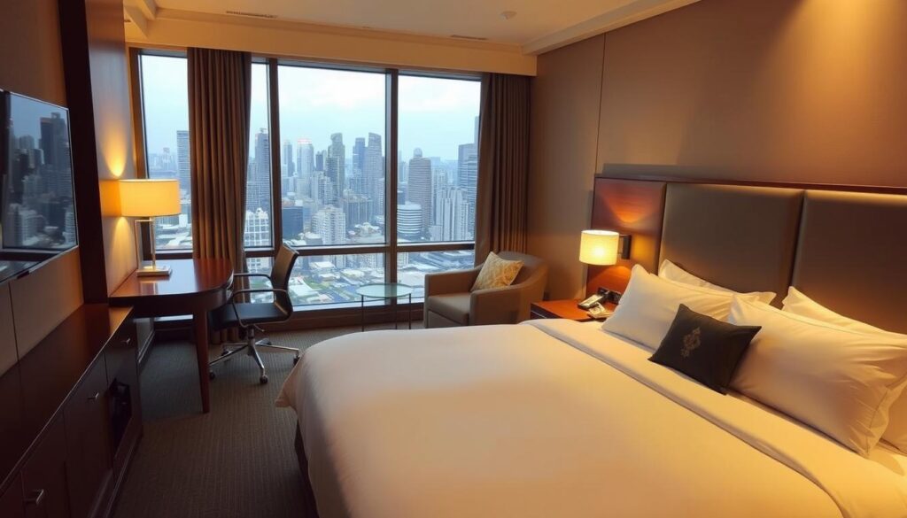 A cozy, well-appointed hotel room in Singapore, with warm lighting and clean, modern furnishings. In the foreground, a plush king-sized bed with crisp, white linens and a few decorative throw pillows. On the nightstands, small lamps cast a soft glow. In the middle ground, a sleek, minimalist desk and comfortable chair, perfect for remote work. The background features a large window overlooking the bustling city skyline, with skyscrapers and high-rises in the distance. An atmosphere of affordable luxury and comfort, perfect for a traveler seeking a relaxing, budget-friendly stay in Singapore.