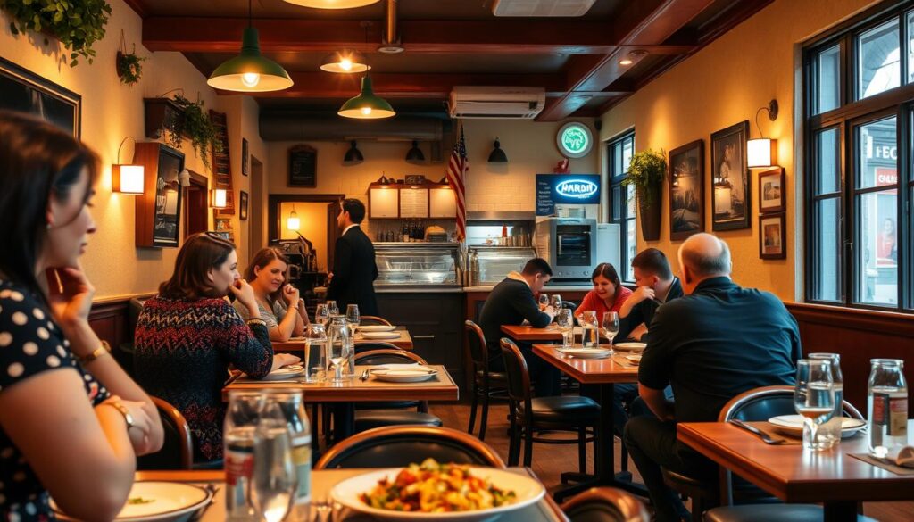 A cozy, well-lit Italian restaurant interior with friendly, attentive staff interacting with customers at neatly set tables. The scene is shot from a slightly elevated angle, capturing the warm, inviting atmosphere and the affordable, simple yet delicious-looking dishes on the tables. The lighting is soft and natural, creating a comfortable, relaxed vibe. The overall impression is of a neighborhood establishment where quality food and excellent service come at reasonable prices.