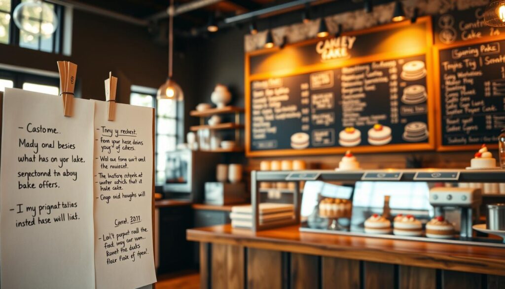 A cozy, well-lit bakery interior, with a wooden counter displaying an assortment of delectable cakes. In the foreground, handwritten customer reviews are pinned to a bulletin board, their pages fluttering gently. The background features a chalkboard menu showcasing the bakery's signature cake offerings, illuminated by warm, natural lighting filtering through large windows. The atmosphere exudes a sense of homely comfort and artisanal craftsmanship, inviting customers to imagine the flavors and textures of the baked goods. The overall scene conveys the bakery's commitment to quality and customer satisfaction.