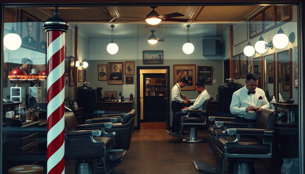 A cozy, well-lit barbershop nestled in the heart of the heartland. The front displays a classic red-and-white striped pole, inviting customers inside. Through the large storefront windows, we see antique barber chairs, worn leather seats, and the gleam of well-used tools. The walls are adorned with vintage portraits and faded advertisements, giving the space a nostalgic, time-worn ambiance. The barbers, dressed in crisp white shirts and bow ties, move with practiced efficiency, as the aroma of freshly-lathered shaving cream and the hum of electric clippers fill the air. Soft, warm lighting casts a gentle glow, creating an atmosphere of old-world charm and community tradition.