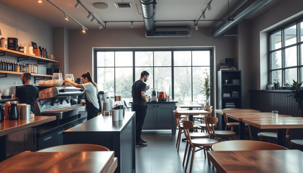 A cozy, well-lit cafe interior with a focus on the central coffee bar. The bar features a sleek, modern design with a prominent espresso machine and freshly roasted coffee beans on display. In the foreground, baristas are meticulously crafting specialty beverages, their movements captured in a dynamic, yet graceful composition. The middle ground showcases the cafe's minimalist seating area, with wooden tables and chairs complementing the overall aesthetic. The background features large windows, allowing natural light to stream in and creating a warm, inviting atmosphere. The overall mood is one of artisanal craftsmanship, sustainability, and a passion for exceptional coffee.