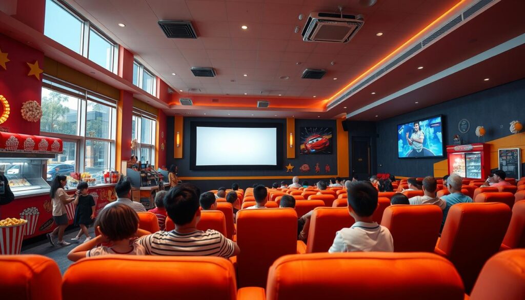 A cozy, well-lit family-friendly cinema in Singapore, with plush seating and a warm, welcoming atmosphere. The lobby features a vibrant, colorful design with playful elements like popcorn sculptures and cinema-themed artwork. Families gather, excited to enjoy the latest blockbuster or an enchanting animated film. The concession stand offers a variety of snacks and drinks, catering to all tastes. Natural light floods the space through large windows, creating a bright and inviting ambiance. In the auditorium, the screen is crisp and clear, immersing the audience in the on-screen adventure. The lighting is soft and subtle, allowing for a comfortable viewing experience for both adults and children.