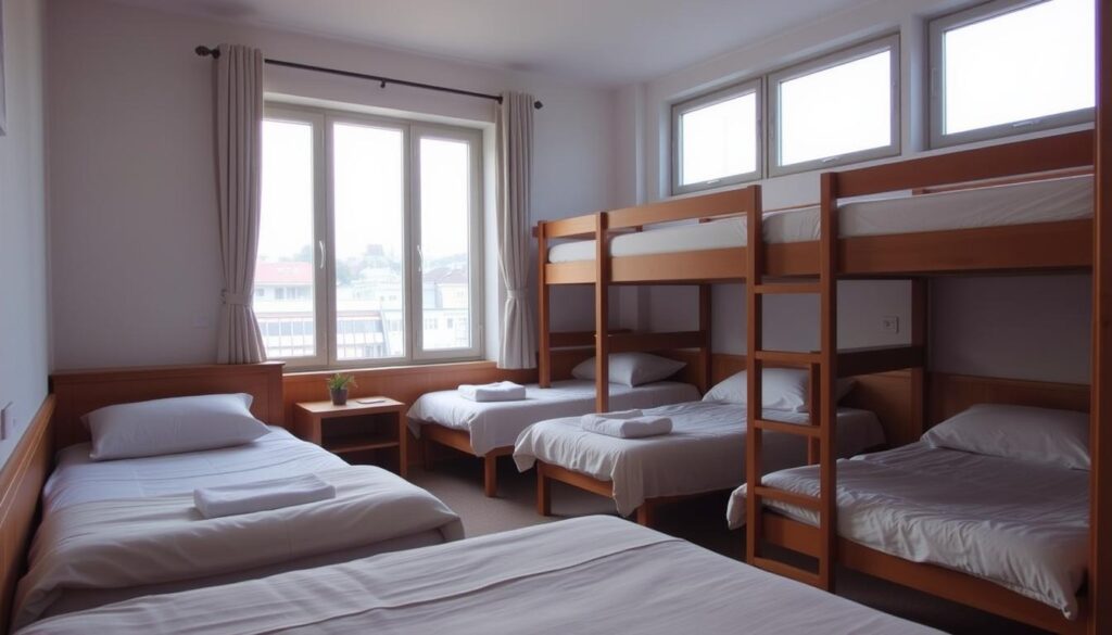 A cozy, well-lit hostel room with clean, neatly-made beds and plush bedding. Warm wooden accents and simple furnishings create a welcoming atmosphere. Diffused natural light streams in through large windows, illuminating the space. Minimalist decor and a relaxed, uncluttered layout emphasize the sense of tranquility. The room has a homely, comfortable vibe, inviting visitors to relax and unwind after a day of exploring the city. A subtle color palette of soft neutrals and muted tones lends an air of understated elegance. The overall impression is of an affordable, yet high-quality accommodation.