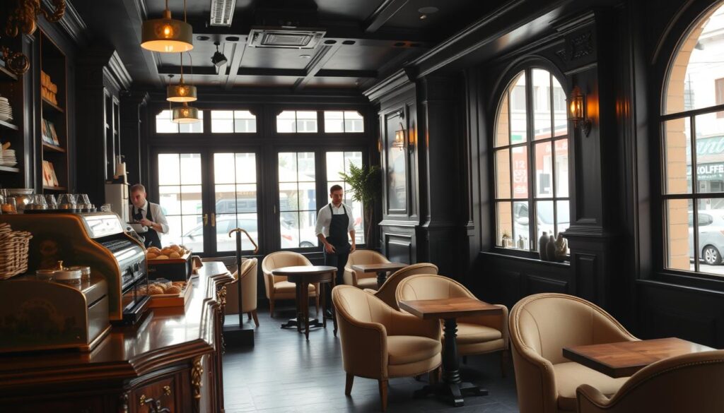 A cozy, well-lit interior of Butler Koffee coffee bar near Clarke Quay, Singapore. The foreground features an ornate wooden counter with a classic cash register and an array of pastries and baked goods. Behind the counter, baristas in crisp white shirts and black aprons expertly prepare specialty coffee drinks. The middle ground showcases plush armchairs and small wooden tables, inviting patrons to relax and savor the moment. The background reveals large windows that flood the space with warm, natural light, offering a glimpse of the bustling street outside. An elegant, vintage-inspired decor, complete with brass fixtures and earthy tones, creates a charming, intimate atmosphere.