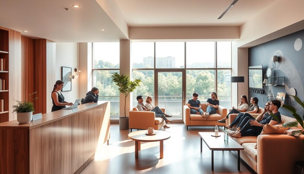 A cozy, well-lit interior of a modern hostel lobby with sleek, minimalist furniture and decor. The reception desk is made of warm, natural wood, with a friendly staff member assisting guests. In the background, a group of young travelers relaxes on plush, comfortable sofas, while large windows offer a glimpse of a lush, urban landscape outside. The lighting is a perfect balance of natural daylight and soft, ambient fixtures, creating a welcoming and inviting atmosphere. Subtle, Scandinavian-inspired design elements add a touch of sophistication to the space.