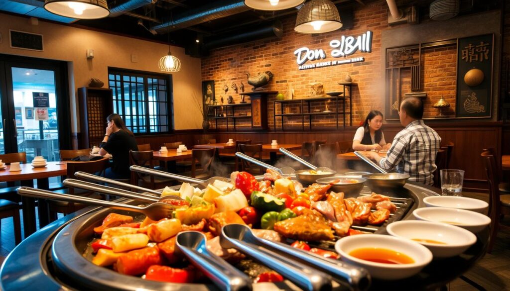 A cozy, well-lit interior of a traditional Korean barbecue restaurant, Don Dae Bak. In the foreground, a sizzling grill with various marinated meats and vegetables, surrounded by metal tongs and sauce dishes. The middle ground features wooden tables and chairs, with guests enthusiastically cooking and sharing their meal. The background showcases the restaurant's warm, inviting ambiance, with exposed brick walls, pendant lighting, and a display of traditional Korean artifacts and decor.