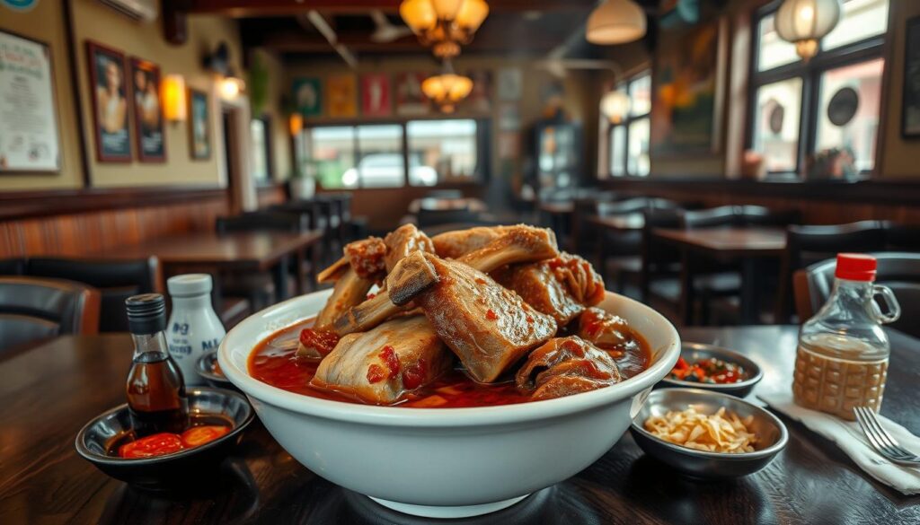 A cozy, well-lit interior of a traditional Singaporean Bak Kut Teh restaurant, with a large, inviting bowl of the signature herbal pork rib stew at the center of the frame. The stew is filled with tender, fall-off-the-bone pork ribs, glistening with a rich, savory broth, surrounded by a selection of condiments and garnishes, including soy sauce, chili oil, and fried shallots. The atmosphere is warm and inviting, with wooden tables, vintage decor, and a sense of local heritage. The lighting is soft and natural, highlighting the textures and colors of the dish. The composition places the bowl as the focal point, with the surrounding elements providing context and a sense of place.