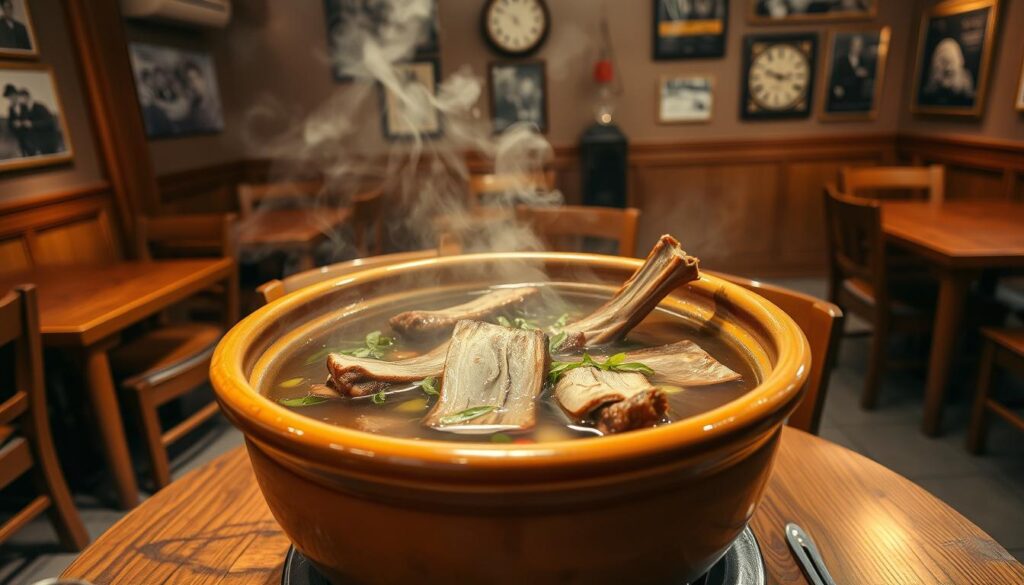 A cozy, well-lit interior of a traditional Singaporean bak kut teh restaurant, centered around a large ceramic serving pot filled with the savory, aromatic herbal broth. Tender pork ribs and fragrant herbs float in the rich, simmering liquid, steam gently rising. Wooden tables and chairs surround the focal point, their worn surfaces hinting at decades of loyal patrons. Soft, warm lighting casts a golden glow, evoking the nostalgic ambiance of a beloved heritage establishment. In the background, a vintage wall-mounted clock and framed historical photographs suggest the restaurant's storied past, while the overall scene conveys a sense of timeless comfort and authenticity.