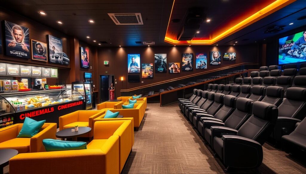 A cozy, well-lit interior of an affordable cinema in Singapore. The lobby features comfortable seating areas, with plush armchairs and sofas in warm, inviting colors. The concession stand is fully stocked with an array of snacks and beverages, creating a lively atmosphere. The walls are adorned with movie posters, highlighting the diverse selection of films on offer. The auditorium boasts modern, reclining seats and state-of-the-art audio-visual equipment, ensuring an immersive cinematic experience. Soft, ambient lighting creates a relaxed ambiance, perfect for a budget-friendly movie night. The overall scene conveys a sense of accessibility, affordability, and a welcoming environment for movie enthusiasts of all backgrounds.