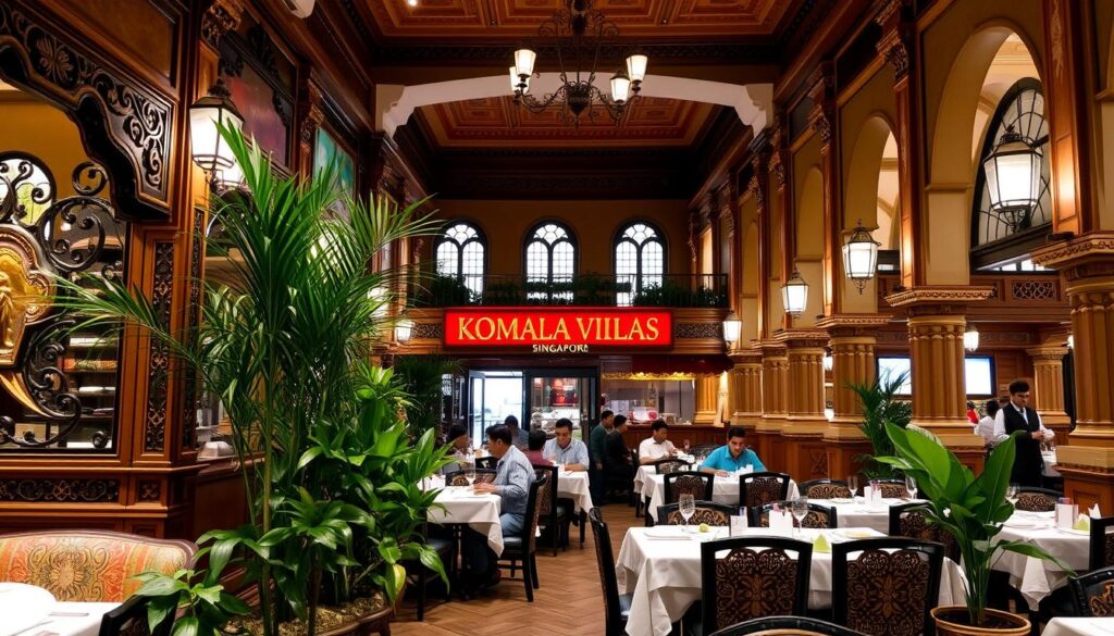 A cozy, well-lit interior of the Komala Vilas restaurant in Singapore. The foreground features the ornate, traditional decor of the dining area, with intricate wooden carvings, vibrant fabrics, and lush potted plants. In the middle ground, patrons are seated at neatly set tables, enjoying the authentic South Indian vegetarian cuisine. The background showcases the restaurant's elegant, high-ceilinged architecture, with arched windows and ornate columns. The overall atmosphere is one of timeless elegance and cultural immersion, capturing the essence of this iconic Singaporean dining establishment.