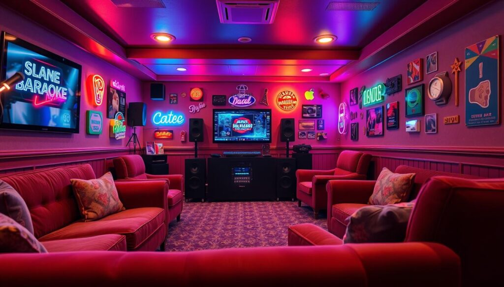 A cozy, well-lit karaoke room with a vibrant, themed decor. The foreground features a plush, comfortable sofa and armchair arrangement, encouraging guests to relax and sing their hearts out. The middle ground showcases a large, high-quality karaoke system with a modern touchscreen display. The background includes themed wall decor, such as neon signs, colorful artwork, and playful accessories, creating an immersive and entertaining atmosphere. Soft, diffused lighting from overhead fixtures casts a warm glow, enhancing the inviting ambiance. The overall scene exudes a sense of fun, energy, and camaraderie, perfectly capturing the essence of a premium karaoke experience.