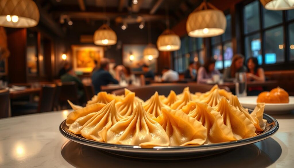 A cozy, well-lit restaurant interior with a focus on a table displaying a platter of delectable mid-range dumplings. The dumplings are arranged artfully, showcasing their golden-brown pleated skins and juicy fillings. Soft lighting from pendant lamps casts a warm glow, accentuating the rich colors and textures of the dumplings. In the background, glimpses of other diners enjoying their meals can be seen, creating a lively, yet intimate atmosphere. The camera angle is slightly elevated, allowing the viewer to appreciate the presentation of the dumplings while capturing the overall ambiance of the dining experience. A cozy, well-lit restaurant interior with a focus on a table displaying a platter of delectable mid-range dumplings. The dumplings are arranged artfully, showcasing their golden-brown pleated skins and juicy fillings. Soft lighting from pendant lamps casts a warm glow, accentuating the rich colors and textures of the dumplings. In the background, glimpses of other diners enjoying their meals can be seen, creating a lively, yet intimate atmosphere. The camera angle is slightly elevated, allowing the viewer to appreciate the presentation of the dumplings while capturing the overall ambiance of the dining experience.