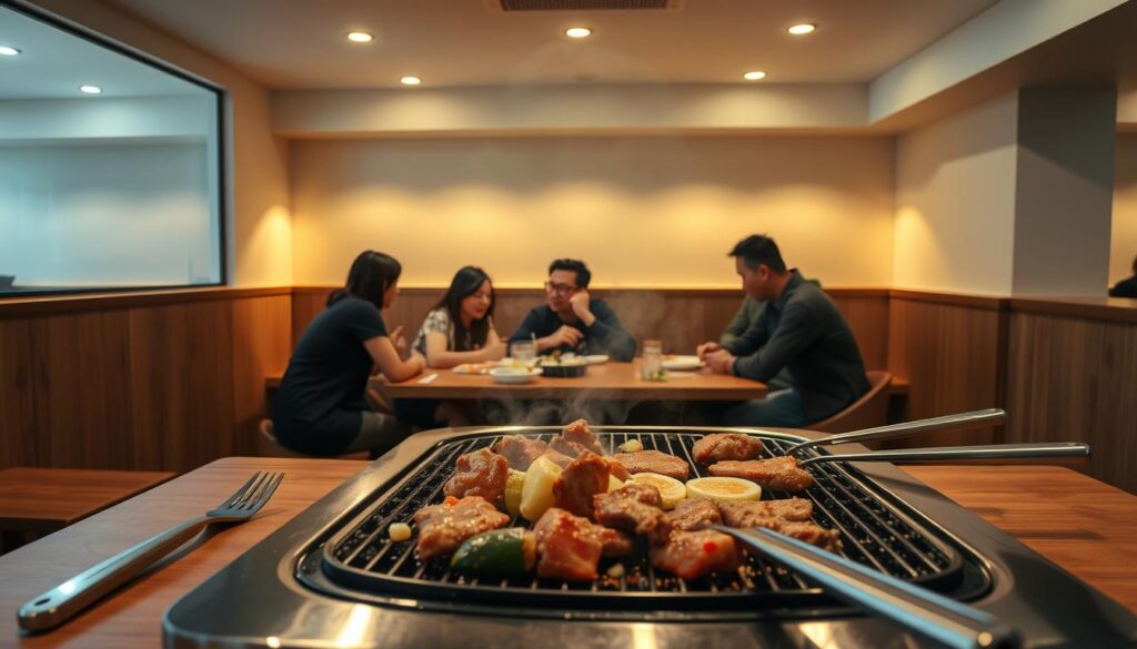 A cozy, well-lit yakiniku restaurant with a modern, minimalist decor. The foreground features a sizzling grill loaded with marinated meats and vegetables, surrounded by a wooden tabletop and sleek, steel utensils. In the middle ground, a group of friends gathered around the table, enjoying the smoky aromas and casual conversation. The background showcases a simple, clean-lined interior with a subtle accent wall, creating a warm and inviting atmosphere. The lighting is a balanced mix of soft, ambient lighting and focused task lighting highlighting the culinary experience. The overall scene conveys an affordable, yet high-quality yakiniku dining experience.