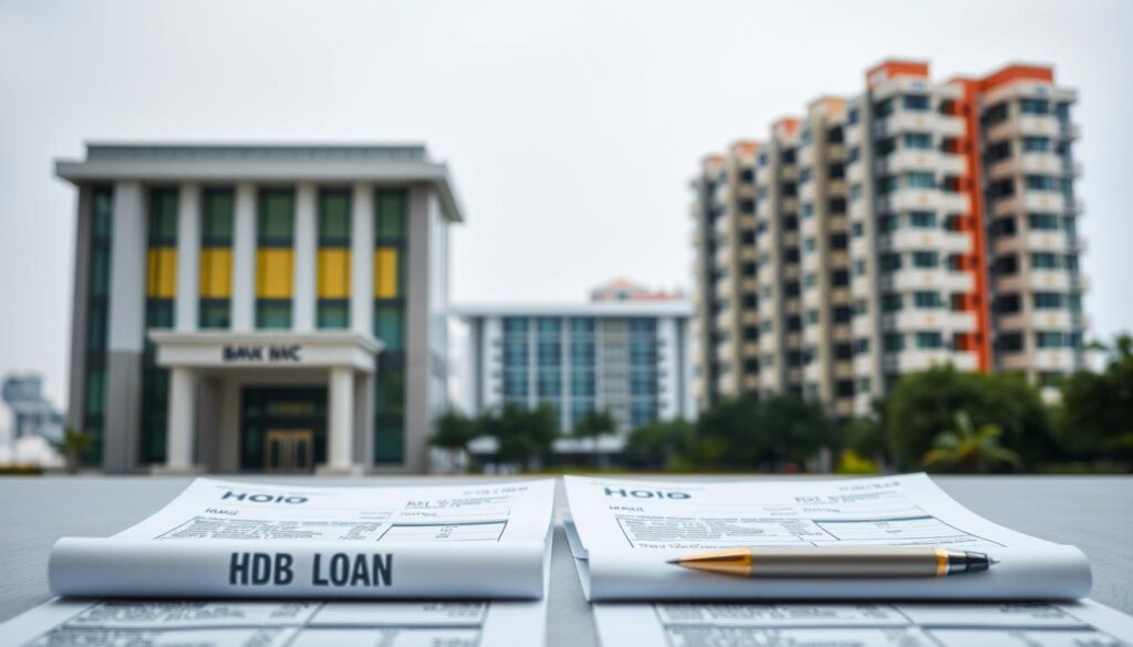 A crisp and clean comparison of HDB and bank loans against a modern financial backdrop. In the foreground, two loan application forms sit side-by-side, their details meticulously rendered. The middle ground features a sleek bank building and an HDB estate, symbolizing the two lending options. Soft, diffused lighting creates an atmosphere of professionalism and authority. The composition is balanced, with the forms taking center stage and the architectural elements framing them. The overall mood is one of rational decision-making, with the viewer invited to objectively assess the pros and cons of each loan type.