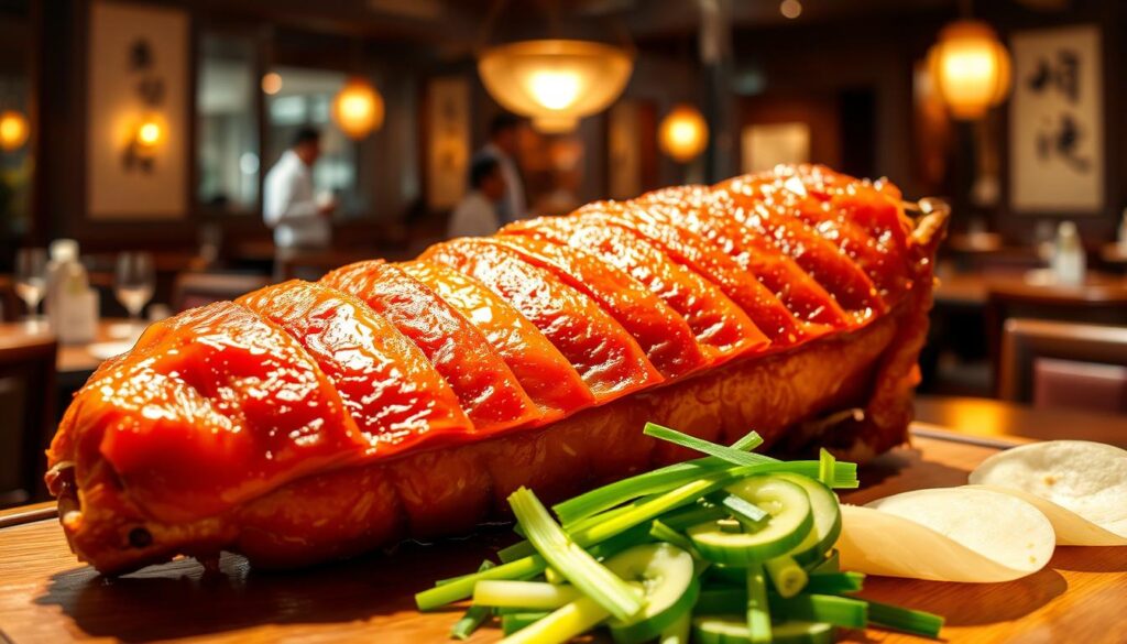 A crisp, golden-brown Peking duck with delicate, shimmering skin glistens under the warm, soft lighting of a traditional Singaporean restaurant. The duck is artfully sliced, revealing its succulent, juicy meat inside. Fragrant hoisin sauce, fresh scallions, and delicate cucumber slices are neatly arranged alongside the duck, ready to be wrapped in thin, supple pancakes. The scene is set against a backdrop of elegant, wooden furnishings and traditional Asian decor, creating an atmosphere of authentic, high-end dining.