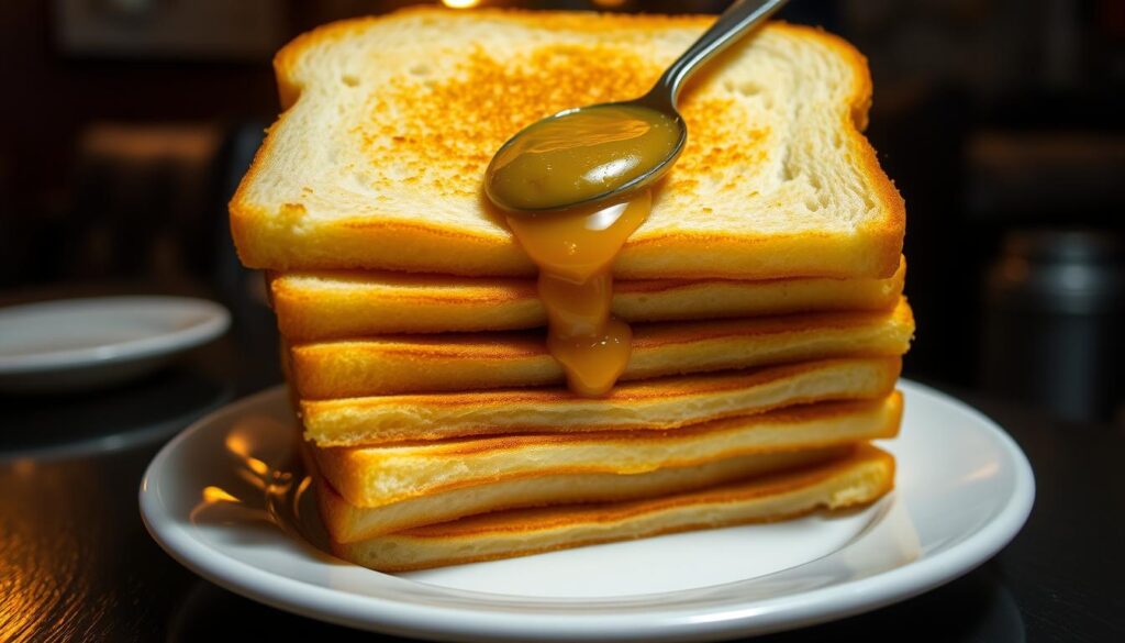 A crisp golden-brown stack of thin, rectangular toast slices, arranged neatly on a white ceramic plate. The toast is lightly charred around the edges, creating a delightful contrast with the soft, pillowy interior. A generous spoonful of rich, glistening kaya (coconut jam) adorns the center of the stack, its vibrant green-yellow hue adding a pop of color. The plate is set against a dimly lit, cozy backdrop, perhaps in a quaint, old-school coffee shop setting, with warm, diffused lighting creating a nostalgic atmosphere. The scene evokes the comforting and familiar flavors of the iconic Tong Ah Eating House's signature crispy thin toast, a beloved Singaporean breakfast classic.