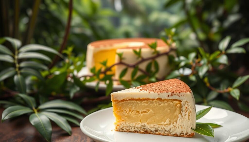 A decadent durian mousse cake set against a backdrop of lush tropical foliage. In the foreground, a slice of the cake is presented on a simple white plate, its golden-hued custard-like filling glistening under soft, natural lighting. The cake's surface is adorned with a delicate dusting of cocoa powder, complementing the vibrant green accents of fresh pandan leaves placed strategically around the plate. The middle ground features the whole cake, nestled amidst verdant leaves and vines, conveying a sense of indulgence in a serene, garden-like setting. The background is filled with a blurred, idyllic tropical landscape, hinting at the cake's Singaporean origins. The overall mood is one of sophisticated elegance and tranquil indulgence. A decadent durian mousse cake set against a backdrop of lush tropical foliage. In the foreground, a slice of the cake is presented on a simple white plate, its golden-hued custard-like filling glistening under soft, natural lighting. The cake's surface is adorned with a delicate dusting of cocoa powder, complementing the vibrant green accents of fresh pandan leaves placed strategically around the plate. The middle ground features the whole cake, nestled amidst verdant leaves and vines, conveying a sense of indulgence in a serene, garden-like setting. The background is filled with a blurred, idyllic tropical landscape, hinting at the cake's Singaporean origins. The overall mood is one of sophisticated elegance and tranquil indulgence.