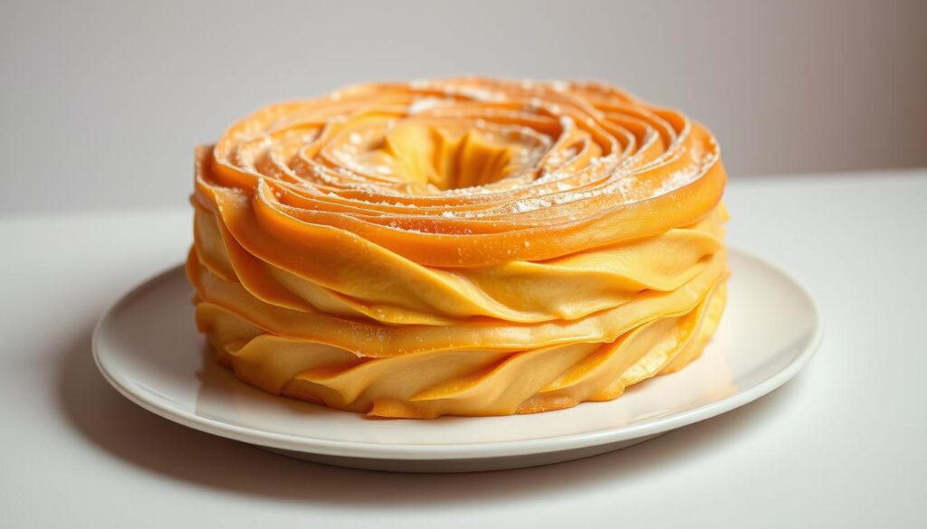 A delectable D24 durian chiffon cake, its soft and airy texture gleaming under warm studio lighting. The cake's golden-brown surface is adorned with intricate swirls and a light dusting of powdered sugar, hinting at the rich, creamy durian filling within. Positioned atop a simple white platter, the cake is framed by a minimalist background, allowing its sumptuous appearance to take center stage. The overall scene evokes a sense of refined elegance, perfectly capturing the essence of a premium durian dessert that would be the highlight of any Singapore bakery display. A delectable D24 durian chiffon cake, its soft and airy texture gleaming under warm studio lighting. The cake's golden-brown surface is adorned with intricate swirls and a light dusting of powdered sugar, hinting at the rich, creamy durian filling within. Positioned atop a simple white platter, the cake is framed by a minimalist background, allowing its sumptuous appearance to take center stage. The overall scene evokes a sense of refined elegance, perfectly capturing the essence of a premium durian dessert that would be the highlight of any Singapore bakery display.