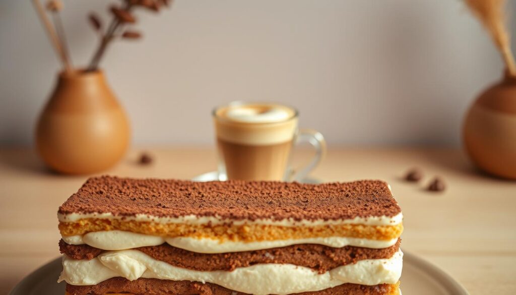 A delectable Melbourne-style coffee dessert takes center stage, its rich aroma filling the air. In the foreground, layers of creamy tiramisu are topped with a dusting of cocoa powder, creating a decadent visual contrast. The middle ground features a carefully crafted espresso shot, its crema-topped surface reflecting the warm lighting above. Surrounding the dessert, a minimalist, Scandinavian-inspired setting with clean lines and natural materials sets the mood, evoking a sense of refined sophistication. The overall composition, captured with a shallow depth of field, emphasizes the exquisite details and invites the viewer to indulge in this unique, Melbourne-inspired tiramisu experience.