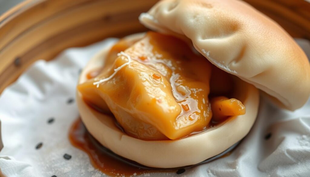 A delectable Teochew-Nonya tau kwa pau, gently steamed and nestled in a soft, fluffy bun. The golden-brown tau kwa, its texture firm yet yielding, is complemented by a savory soy-based sauce, infused with the fragrant notes of garlic and shallots. The bun, lightly dusted with flour, invites a gentle pull, revealing the mouthwatering filling within. Captured in a warm, natural light, the scene evokes a sense of comfort and tradition, a classic Singaporean breakfast treat ready to be savored.