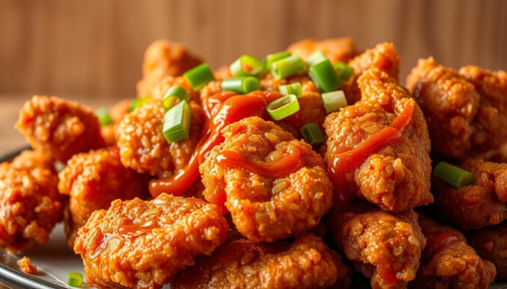 A delectable arrangement of crisp, golden-brown Korean fried chicken, freshly fried and glistening under soft, warm lighting. The pieces are perfectly cooked, with a crunchy, seasoned exterior and juicy, tender meat within. Garnished with vibrant green scallions and a drizzle of tangy, sweet sauce, creating a mouthwatering, authentic Korean flavor profile. The scene is set against a minimalist, wooden backdrop, highlighting the star of the dish in a clean, modern presentation. Captured with a shallow depth of field, drawing the viewer's eye to the tempting, detailed textures of the fried chicken.
