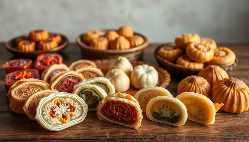 A delectable arrangement of rare Teochew kueh, showcasing an array of traditional and unique varieties. Meticulously crafted with intricate patterns and vibrant colors, the kueh are presented on a rustic wooden table, bathed in soft, warm lighting that highlights their intricate textures and natural hues. In the foreground, a selection of flaky, translucent-skinned kueh with delicate fillings sit alongside plump, sticky-rice based delicacies, each with its own distinct shape and flavor. In the middle ground, a few kueh are displayed on traditional bamboo trays, while the background features a simple, uncluttered setting that allows the kueh to take center stage. The overall composition evokes a sense of artisanal craftsmanship and the rich cultural heritage of Teochew cuisine.