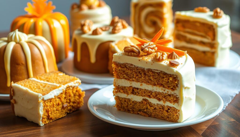 A delectable array of unique carrot cake variations, meticulously crafted with vibrant hues and intricate textures. In the foreground, an artfully decorated carrot cake slice showcases a moist, golden sponge layered with creamy, tangy cream cheese frosting and topped with finely shredded carrots, candied walnuts, and a dusting of cinnamon. Surrounding it, a selection of imaginative carrot cake creations - from a miniature bundt cake with a drizzle of orange glaze to a towering layer cake with a swirling pattern of carrots and spices. The scene is bathed in warm, natural lighting, highlighting the rich, inviting colors and the inviting, homemade appeal of these one-of-a-kind carrot cake delights.
