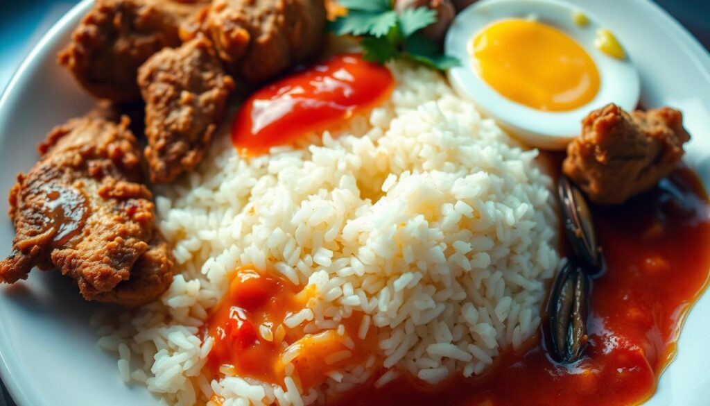 A delectable close-up of a traditional Nasi Lemak dish, with fragrant coconut-infused rice taking center stage. Crisp fried chicken, salty anchovies, and a vibrant sambal sauce surround the rice, creating a visually striking and mouthwatering composition. The lighting is soft and natural, highlighting the rich colors and textures of the ingredients. The image is framed at a slight angle, giving it a sense of depth and drawing the viewer's eye towards the heart of the dish. The overall mood is one of inviting warmth and authenticity, reflecting the comforting and beloved nature of this Singaporean culinary classic. A delectable close-up of a traditional Nasi Lemak dish, with fragrant coconut-infused rice taking center stage. Crisp fried chicken, salty anchovies, and a vibrant sambal sauce surround the rice, creating a visually striking and mouthwatering composition. The lighting is soft and natural, highlighting the rich colors and textures of the ingredients. The image is framed at a slight angle, giving it a sense of depth and drawing the viewer's eye towards the heart of the dish. The overall mood is one of inviting warmth and authenticity, reflecting the comforting and beloved nature of this Singaporean culinary classic.
