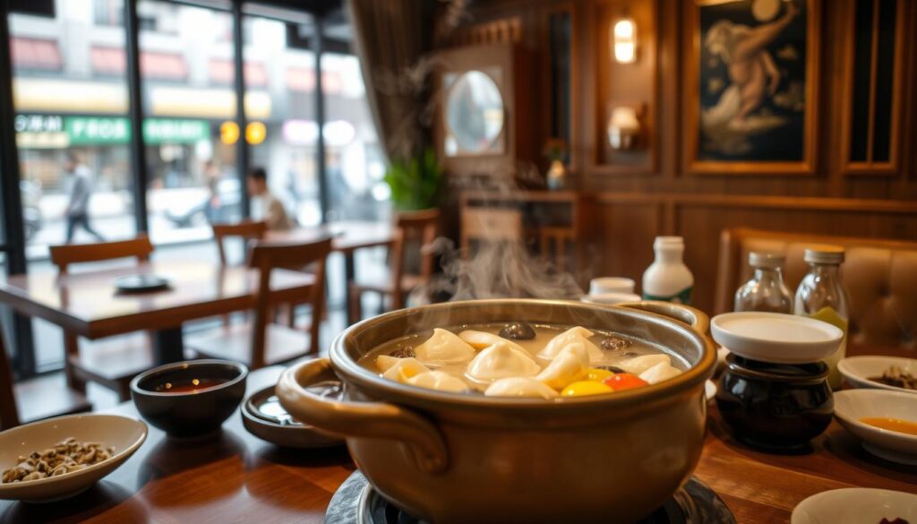 A delectable dessert hotpot simmering on a table in a cozy Singaporean restaurant. In the foreground, the ceramic pot filled with a rich, creamy broth and an assortment of sweet dumplings, jellies, and fruits, steam gently rising. Surrounding the hotpot, various toppings and condiments neatly arranged, ready to be added. The middle ground features the warm, inviting atmosphere of the restaurant, with wooden furnishings, mood lighting, and a subtle hint of traditional Singaporean decor. In the background, a blurred view of the bustling street outside, hinting at the vibrant Singaporean culture and setting. The overall scene conveys a sense of comfort, indulgence, and the perfect balance of flavors that make Si Wei Xiao Chuan Chuan a must-visit destination for dessert enthusiasts.