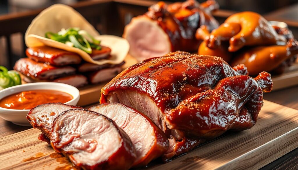 A delectable display of Singapore's signature roast duck varieties, showcased in a sumptuous food photography setting. In the foreground, a succulent Cantonese-style roast duck with glistening, crispy skin is prominently featured, accompanied by slices of juicy meat. In the middle ground, a Peking duck with its iconic pancakes, hoisin sauce, and julienned scallions and cucumbers takes center stage. In the background, a Teochew-style braised duck with its aromatic broth and tender, fall-off-the-bone flesh adds depth to the scene. Warm, indirect lighting accentuates the mouthwatering details, while a shallow depth of field creates a elegant, restaurant-inspired ambiance.