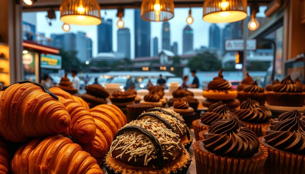 A delectable display of dark chocolate pastries nestled in the bustling streets of Singapore. In the foreground, an assortment of rich, decadent treats - flaky croissants, indulgent éclairs, and sinfully smooth chocolate tarts. The middle ground showcases the vibrant atmosphere of a local bakery, with the warm glow of pendant lamps illuminating the display cases. In the background, the iconic architecture of Singapore's cityscape serves as a captivating backdrop, hinting at the diverse culinary scene that the city is renowned for. The overall scene exudes a cozy, inviting ambiance, enticing the viewer to indulge in these tempting dark chocolate delights.