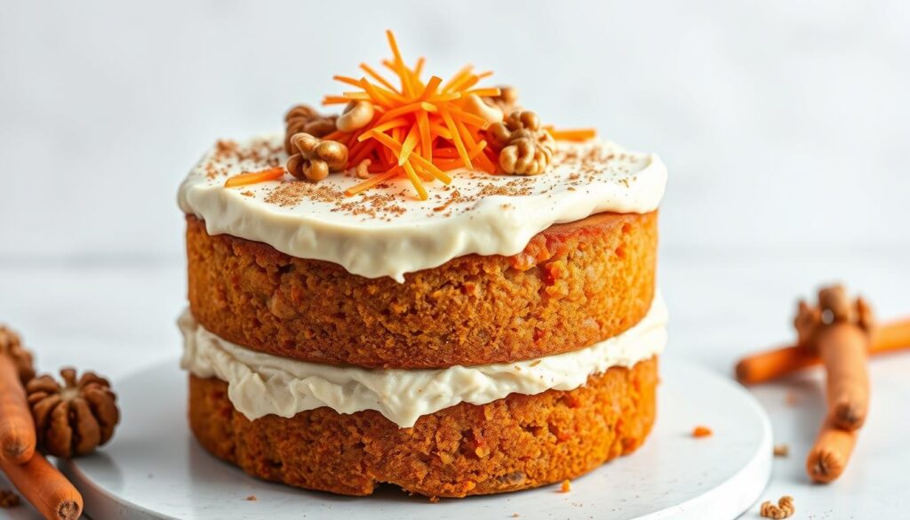 A delectable, moist carrot cake with a vibrant orange hue, topped with a luscious, creamy cashew-based frosting. The cake is garnished with finely shredded carrots, toasted walnuts, and a sprinkle of cinnamon, creating a visually appealing and healthier alternative to traditional carrot cake. The scene is set against a light, airy background, illuminated by soft, natural lighting that enhances the cake's inviting texture and flavor. The overall composition conveys a sense of balance, freshness, and a commitment to nourishing indulgence.