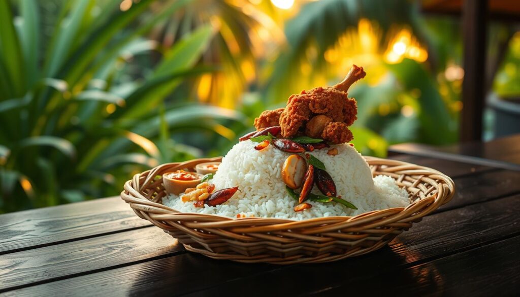A delectable nasi lemak dish, the centerpiece of the frame, sits upon a traditional woven basket. Fragrant coconut rice is accompanied by a succulent fried chicken, crispy anchovies, crunchy peanuts, and a vibrant sambal chili paste. The dish is presented on a dark wooden table, with a lush tropical backdrop of lush greenery and a warm, golden-hour lighting that casts a soft, inviting glow. The overall composition evokes a sense of authentic Singaporean hawker fare and culinary craftsmanship, perfectly capturing the essence of "No. 1 Adam's Nasi Lemak". A delectable nasi lemak dish, the centerpiece of the frame, sits upon a traditional woven basket. Fragrant coconut rice is accompanied by a succulent fried chicken, crispy anchovies, crunchy peanuts, and a vibrant sambal chili paste. The dish is presented on a dark wooden table, with a lush tropical backdrop of lush greenery and a warm, golden-hour lighting that casts a soft, inviting glow. The overall composition evokes a sense of authentic Singaporean hawker fare and culinary craftsmanship, perfectly capturing the essence of "No. 1 Adam's Nasi Lemak".