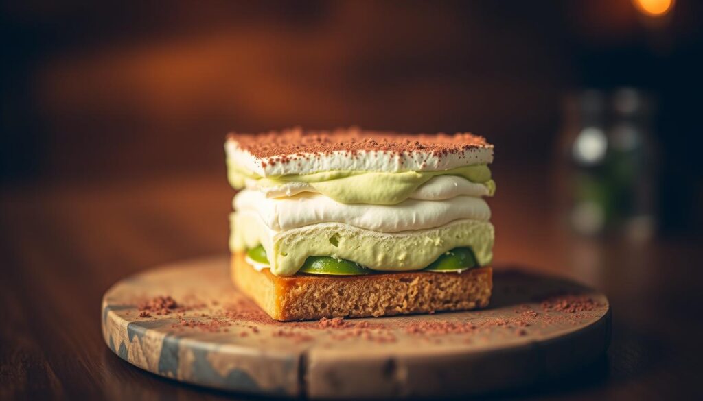 A delectable pandan tiramisu sits atop a wooden table, its soft, pillowy layers of mascarpone cream and sponge cake infused with the fragrant aroma of pandan leaves. The dessert is bathed in a warm, golden light, creating a cozy, intimate atmosphere. The background is blurred, allowing the tiramisu to take center stage, its vibrant green hue and dusting of cocoa powder adding depth and visual interest. The image is shot at a slight angle, providing a tantalizing perspective that invites the viewer to indulge in this unique, Asian-inspired take on the classic Italian dessert.