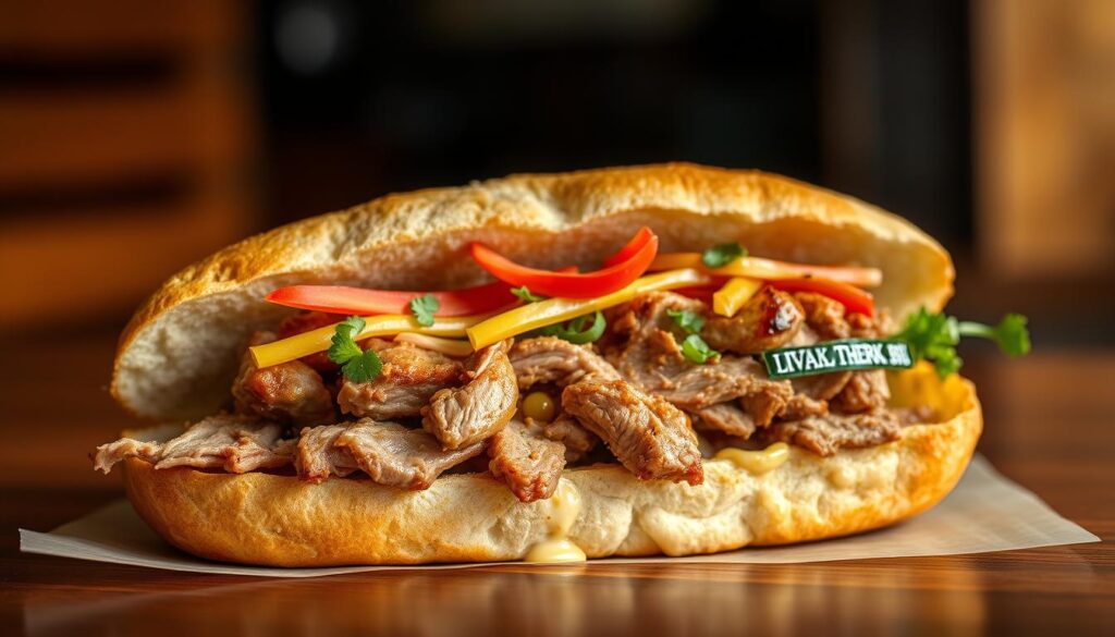 A delectable pork banh mi from the renowned Banh Mi Be Bi in Singapore. The crusty baguette is sliced open to reveal a generous filling of juicy, marinated pork, crisp pickled vegetables, and a zesty Vietnamese-style mayonnaise. The scene is captured in a warm, natural light, highlighting the vibrant colors and textures of the carefully crafted sandwich. The composition places the banh mi in the center, with a slightly elevated perspective to showcase its artful construction. The background is softly blurred, allowing the star of the image to take center stage and entice the viewer's appetite.