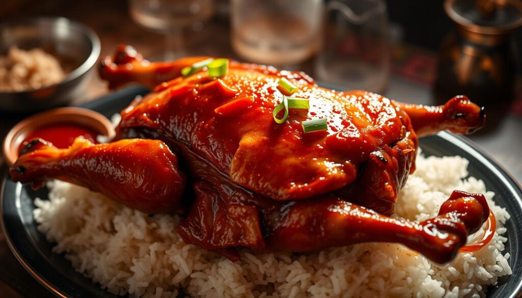 A delectable roast duck with crisp, golden-brown skin and succulent, juicy meat, resting on a bed of steaming white rice. The duck is garnished with fragrant scallions, ginger, and a tangy, sweet hoisin sauce, inviting you to savor the harmonious flavors. The scene is captured in a warm, moody lighting, creating a cozy and sophisticated ambiance, reminiscent of a high-end Cantonese restaurant. The image is shot from a slight overhead angle, emphasizing the artful presentation of this iconic Peking duck dish.