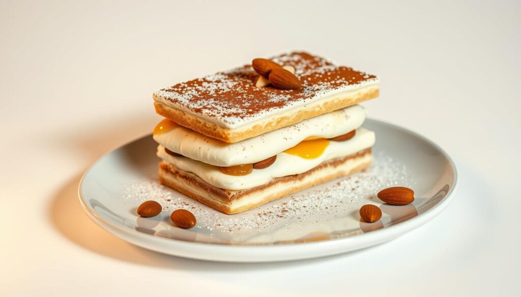 A delicate, Muslim-friendly tiramisu resting on a sleek, modern platter. The creamy, coffee-infused mascarpone is delicately layered between soft, spongy ladyfingers, dusted with a light sprinkling of cocoa powder. Sliced almonds and a drizzle of honey add a subtle, nutty sweetness. Warm, indirect lighting casts a cozy glow, highlighting the tiramisu's inviting textures and flavors. The composition is balanced, with the tiramisu taking center stage against a minimalist, white background, allowing its rich, indulgent qualities to shine.