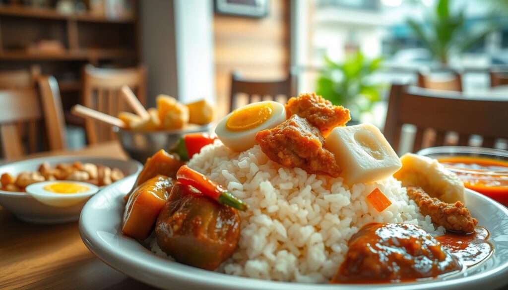 A delightful fusion of Singapore's iconic nasi lemak and Yong Tau Foo, captured under natural sunlight with a shallow depth of field. In the foreground, a fragrant mound of coconut-infused rice is adorned with an array of hand-crafted Yong Tau Foo items - juicy stuffed chili peppers, crunchy beancurd pockets, and savory meat-filled tofu. The middle ground features an assortment of complementary condiments, including a glistening hard-boiled egg, crisp ikan bilis, roasted peanuts, and a rich, spicy sambal. The background hints at a cozy, casual dining setting, with a blurred view of simple wooden furnishings and subtle greenery. This visually captivating fusion dish evokes the comforting flavors and vibrant essence of Singaporean street food culture. A delightful fusion of Singapore's iconic nasi lemak and Yong Tau Foo, captured under natural sunlight with a shallow depth of field. In the foreground, a fragrant mound of coconut-infused rice is adorned with an array of hand-crafted Yong Tau Foo items - juicy stuffed chili peppers, crunchy beancurd pockets, and savory meat-filled tofu. The middle ground features an assortment of complementary condiments, including a glistening hard-boiled egg, crisp ikan bilis, roasted peanuts, and a rich, spicy sambal. The background hints at a cozy, casual dining setting, with a blurred view of simple wooden furnishings and subtle greenery. This visually captivating fusion dish evokes the comforting flavors and vibrant essence of Singaporean street food culture.