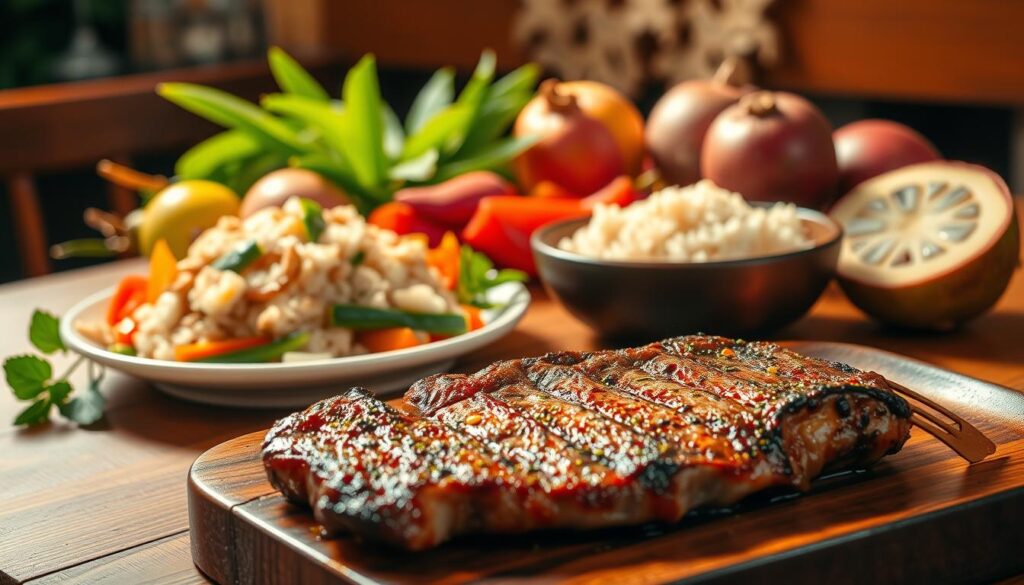 A delightful fusion of Western and Singaporean flavors, showcasing a mouth-watering dish on a wooden table. In the foreground, a succulent steak sizzles, its edges caramelized to perfection, complemented by a medley of vibrant local vegetables. The middle ground features a fragrant plate of Hainanese chicken rice, its fluffy grains infused with the aroma of ginger and garlic. In the background, a vibrant array of colorful, exotic fruits, including mangosteens and dragonfruit, adds a touch of tropical flair. The scene is illuminated by warm, golden lighting, creating a cozy and inviting atmosphere. Captured with a shallow depth of field, the image draws the viewer's attention to the harmonious blending of culinary traditions.
