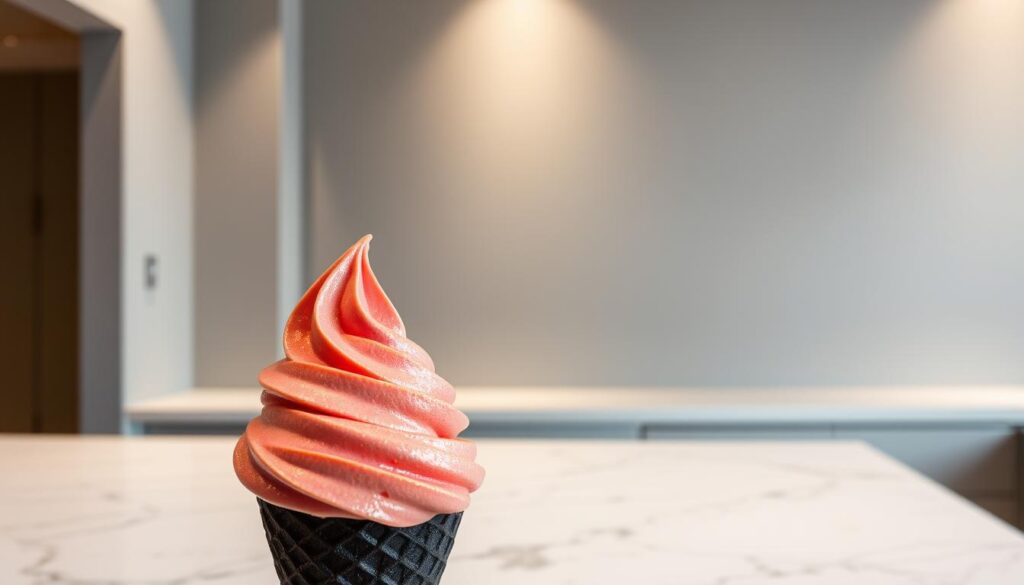 A delightful scene of halal-certified gelato showcased in a modern, minimalist setting. In the foreground, a scoop of creamy, richly-hued gelato sits atop a sleek black waffle cone, its texture invitingly smooth and glossy. The middle ground features a marble display counter, casting a soft, diffused light across the gelato's surface. Behind it, a simple yet elegant backdrop of muted gray walls and subtle, directional lighting creates a calm, sophisticated ambiance. The overall composition emphasizes the gelato's vibrant colors, luxurious texture, and halal certification, highlighting its indulgent yet accessible appeal.