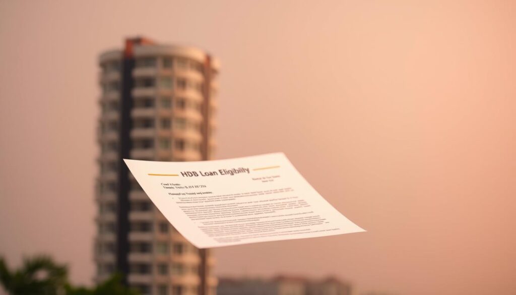 A detailed HDB loan eligibility letter floating against a soft, blurred background. The letter appears in the foreground, with a warm, ambient lighting highlighting its crisp, official document texture. The middle ground features a subtly out-of-focus HDB apartment building, conveying the context of home ownership. The background is a harmonious gradient, evoking a sense of professionalism and financial security. The overall composition and lighting create a visually striking and informative image to accompany the "HDB Loan Eligibility (HLE) Letter" section of the article.
