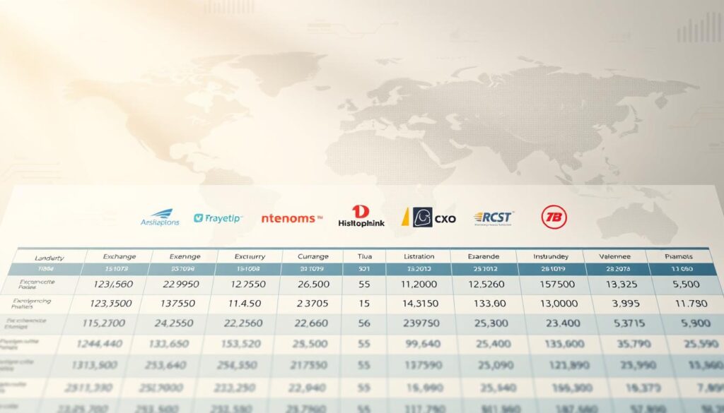 A detailed comparison of currency exchange rates across various financial institutions, presented in a clean, infographic-style layout. The foreground showcases a dynamic grid of exchange rate values, with crisp numerical data and intuitive visual representations. The middle ground features a row of prominent financial institution logos, creating a sense of authority and trustworthiness. The background subtly blends elements of world maps, financial charts, and subtle geometric patterns, evoking a global, data-driven atmosphere. Warm, directional lighting from the top-left casts subtle shadows, adding depth and dimensionality to the composition. The overall mood is informative, professional, and visually engaging, guiding the viewer's attention to the key comparative exchange rate data.