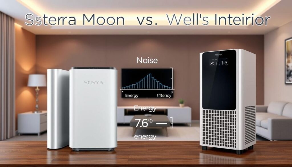 A detailed comparison of the noise levels and energy efficiency of two air purifiers, Sterra Moon and Wells Interior, set against a sleek, minimalist backdrop. The foreground features the two purifiers side-by-side, their sleek designs and control panels prominently displayed under warm, soft lighting. The middle ground showcases a graphical representation of the noise levels and energy consumption data, presented in a clean, infographic-style layout. The background subtly hints at a well-designed, contemporary living space, with muted tones and clean lines to maintain the focus on the technical details. The overall mood is one of informative clarity, allowing the viewer to easily compare the key performance metrics of these two air purification systems.