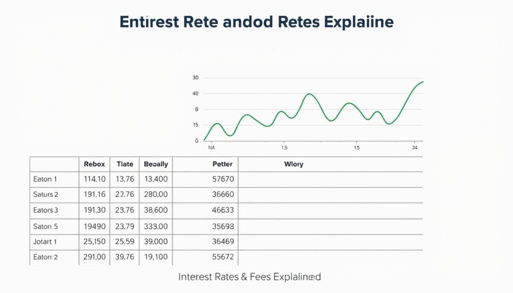 A detailed, high-contrast visual comparison of effective interest rates on personal loans, presented against a clean, minimalist background. The foreground features a grid-like layout with numeric data and clear infographic elements, conveying the key information in a visually engaging manner. The middle ground showcases a line graph or chart that illustrates the fluctuations and trends in interest rates over time. The background is a simple, neutral tone that allows the data visualization to take center stage. The overall composition strikes a balance between informative clarity and aesthetic appeal, creating a professional, data-driven image that supports the "Interest Rates and Fees Explained" section of the article.