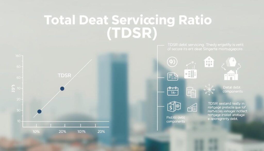A detailed infographic displaying the concept of Total Debt Servicing Ratio (TDSR). In the foreground, a clean, minimalist data visualization with clearly labeled axes, percentages, and a highlighted TDSR figure. The middle ground features simple, elegant icons and graphics representing different debt components. The background depicts a soft, blurred cityscape, suggesting the real-world application of TDSR in a Singapore mortgage context. The lighting is soft and diffused, creating a professional, informative atmosphere. The overall composition is balanced, with plenty of negative space to draw the viewer's focus to the key information.